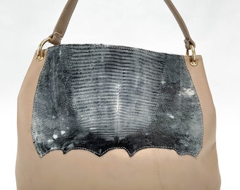 Over-sized hobo style bag for Women | Taupe  Leather  | Large bag | Cow Leather and lizard skin | Handmade in the USA