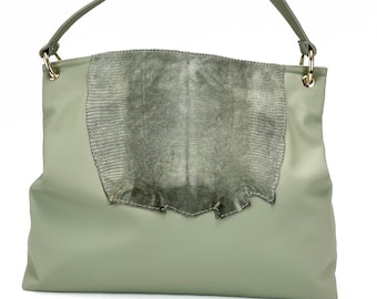 Over-sized hobo style bag for Women | Green Leather | Large bag | Cow Leather and lizard skin | Handmade in the USA