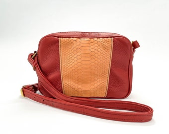 Leather Crossbody Bag for Women | Rust Leather | Zippered Crossbody Purse | Cow Leather and lizard skin | Handmade in the USA