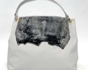 Over-sized hobo style bag for Women | White Leather  | Large bag | Cow Leather and lizard skin | Handmade in the USA