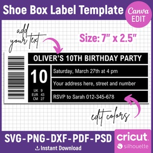 Shoe Box Label Template, Shoe Box Label Svg, Sneaker Box Label Template, Favor Box Label,  Editable Template, Printable, png, Canva Editable