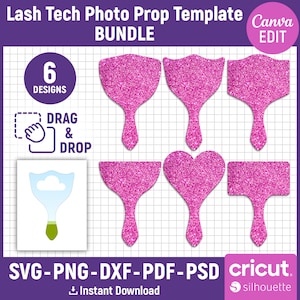 Peut inclure: Six gabarits de photo pour les techniciens des cils, en paillettes roses. Les gabarits sont en forme de cœur, de racloir et de pinceau. Le texte "DRAG & DROP" est dans un cadre blanc avec une icône de main. Le texte "6 DESIGNS" est dans un cercle blanc. Le texte "Lash Tech Photo Prop Template BUNDLE" est en haut de l'image. Le texte "Canva EDIT" est dans un cercle blanc en haut à droite de l'image. Le texte "SVG-PNG-DXF-PDF-PSD cricut silhouette" est en bas de l'image.