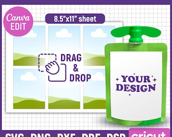 以下が含まれることがあります： 「+YOUR+ DESIGN」の文字と白い背景が入った、緑色のリンゴソースポーチラベルテンプレート。「DRAG & DROP」デザインエリアと「8.5"x11" sheet」の文字が含まれています。画像には「SVG-PNG-DXF-PDF-PSD」の文字も含まれています。