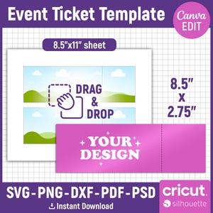 Könnte beinhalten: Event-Ticket-Vorlage mit dem Text "Event Ticket Template" und "Canva EDIT". Das Design umfasst ein weißes Blatt mit dem Text "8.5"x11" sheet" und ein rosa Ticket mit dem Text "YOUR DESIGN". Die Ticketabmessungen sind 21,59 cm x 6,99 cm.