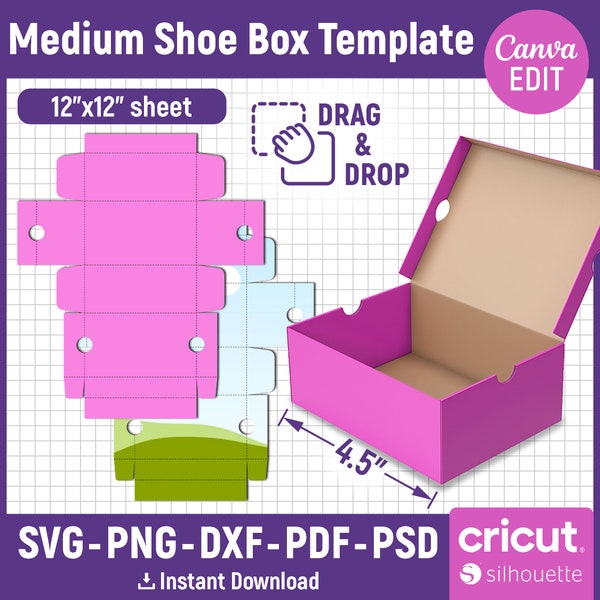 Medium Shoe Box Template, Shoe Box Svg, Sneaker Box Template, Shoe Box Party Favor, Gift Box Svg, Box With Lid Template, Canva Editable