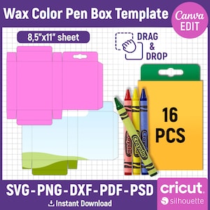 16pcs Crayon Box Template, Wax Crayon Box Template, Wax Color Pen Gift Box, Box Template, Party Favor Box, Gift Box Svg, Png, Canva Editable