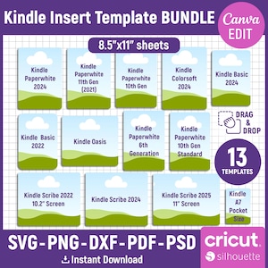 May include: A digital template bundle for Kindle inserts, featuring 13 templates. The design includes templates for various Kindle models, such as Paperwhite, Basic, and Scribe. The image also includes the text "8.5"x11" sheets" and "Instant Download".