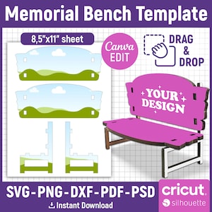 7&quot; Memorial Bench Template, Sublimation Bench Blank, Memorial Bench Svg, Laser Cut Files Garden Bench, Memorial Keepsakes, Canva Editable