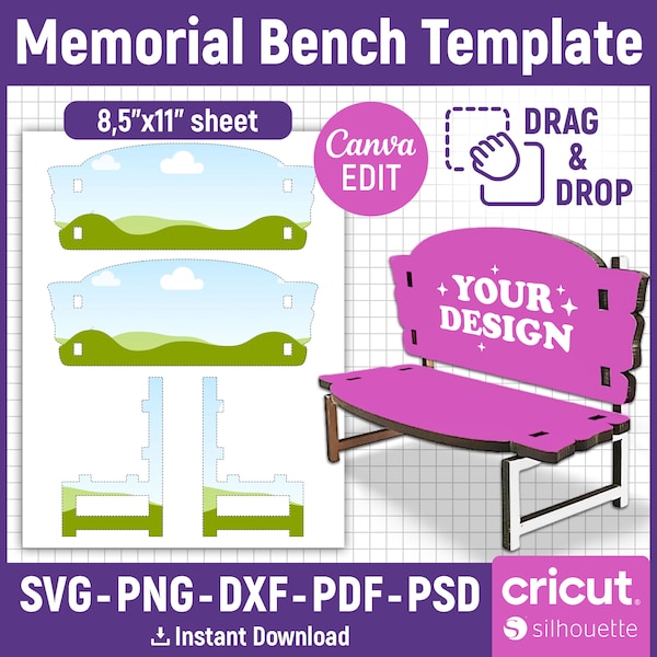 7" Memorial Bench Template, Sublimation Bench Blank, Memorial Bench Svg, Laser Cut Files Garden Bench, Memorial Keepsakes, Canva Editable