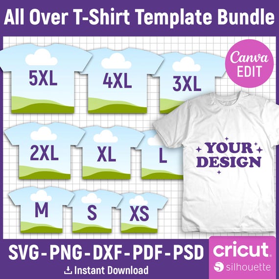 All Over T-Shirt Template Bundle, T-Shirt Sublimation Blank Template, All Over T-Shirt Design, T-Shirt Template, Printable, Canva Editable