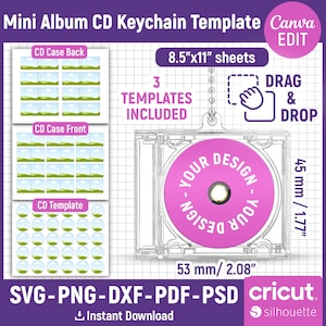 May include: A clear plastic mini CD album keychain template with a pink CD design. The template includes a CD case, CD case back, and CD template. The CD case measures 53 mm / 2.08" wide and 45 mm / 1.77" high.