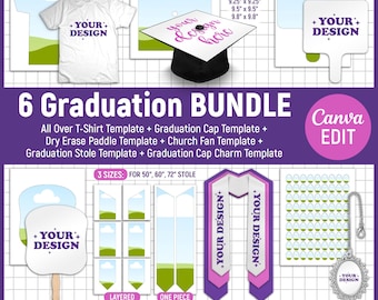 May include: A digital design bundle for graduation, featuring templates for t-shirts, graduation caps, stoles, and more. Includes the text "6 Graduation BUNDLE" and "YOUR DESIGN". Available in SVG, PNG, DXF, PDF, and PSD formats. Includes sizes for 50", 60", and 72" stoles.