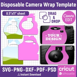May include: A template for disposable camera wraps, featuring pink cutouts and two black cameras with pink accents. The design includes the text "YOUR DESIGN" and "DRAG & DROP". The sheet size is 8.5"x11".