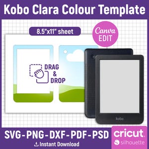 Peut inclure: Un ensemble de fichiers numériques de modèle Kobo Clara Colour comprenant une mise en page de feuille de 8,5"x11" avec des espaces réservés glisser-déposer, compatible avec Canva, SVG, PNG, DXF, PDF et PSD, avec une liseuse Kobo noire.
