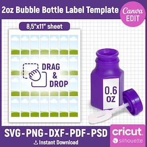 0.6oz Mini Bubble Bottle Label Template, Bubble Bottle Label Svg, Kids Party Favor, Wedding Bubble Bottle Sticker, Printable, Canva Editable
