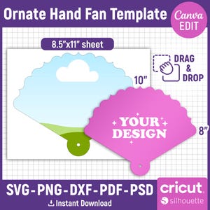 May include: A template for an ornate hand fan design. The design includes a white sheet with a sky and grass scene, and a pink fan shape with the text "YOUR DESIGN". The sheet measures 8.5" x 11", and the fan is 8" x 10".