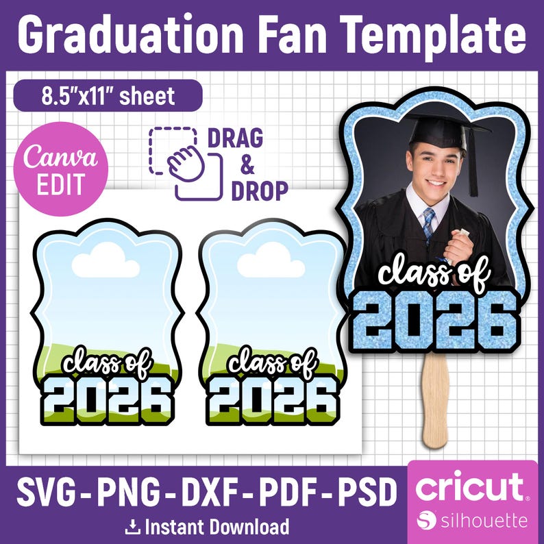 May include: Graduation fan template with a blue and white design. The template includes the text "class of 2026" and is designed for an 8.5"x11" sheet. It is available in SVG, PNG, DXF, PDF, and PSD formats.