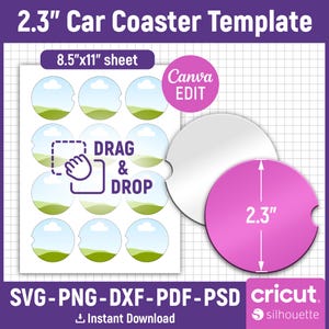 Può includere: Un modello digitale per creare sottobicchieri per auto da 2,3 pollici. Il modello include 9 cerchi con un design paesaggistico e il testo "DRAG & DROP". Il modello è progettato per essere utilizzato con Canva e Cricut.