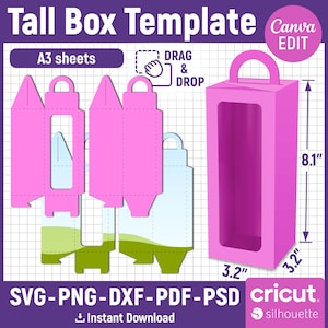 8.1&quot; Tall Box Template, Tall Box Svg, Box with Handle Template, Gift Box, Treat Box, Window Box, Tall Gable Box, Party Favor, Canva Editable