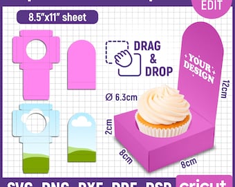 May include: A cupcake stand template for an 8.5"x11" sheet, featuring pink and blue designs. Includes SVG, PNG, DXF, PDF, and PSD files. The assembled pink stand measures 8cm by 8cm by 12cm, with a 6.3cm diameter opening for a cupcake.