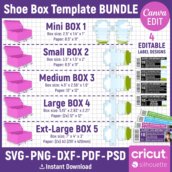 Shoe Box Template BUNDLE, Shoe Box Svg, Shoe Box Party Favor, Shoe Box Label Editable, Sneaker Box Template, Printable, png, Canva Editable