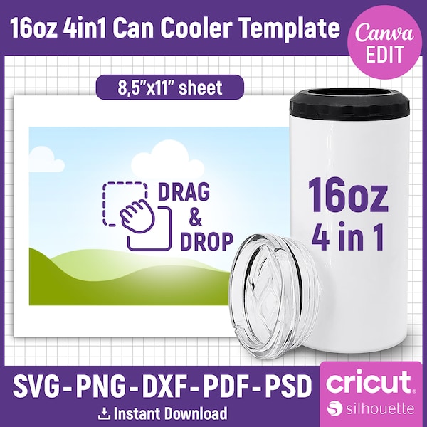 16oz Can Cooler Template, 4 in 1 Can Cooler Tumbler, Beer Cooler Template, Can Cooler Blank Template for Sublimation, svg, Canva Editable