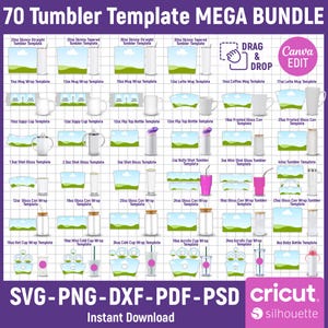 Op de afbeelding: Afbeelding met 70 tumbler-sjablonen, met ontwerpen voor verschillende soorten en maten tumblers. De sjablonen bevatten opties voor mokken, shotglaasjes en flessen, met formaten voor Cricut- en Silhouette-machines. Tekst bevat "SVG-PNG-DXF-PDF-PSD" en "Direct downloaden."