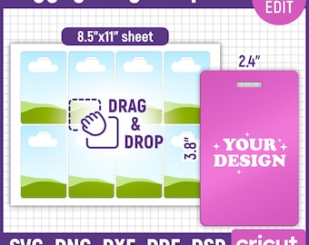 Puede incluir: Una plantilla de etiqueta de equipaje con una etiqueta rosa de 6,1 cm x 9,7 cm y una hoja de etiquetas. La hoja mide 21,6 cm x 27,9 cm y presenta un diseño de arrastrar y soltar. El texto "YOUR DESIGN" está en la etiqueta rosa.