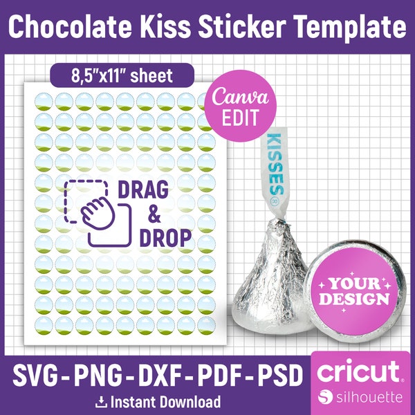 Kiss Sticker Template, Chocolate Kiss Sticker Template, Round Sticker Template, Mini Kiss Wrapper, Party Favor Template, svg, Canva Editable