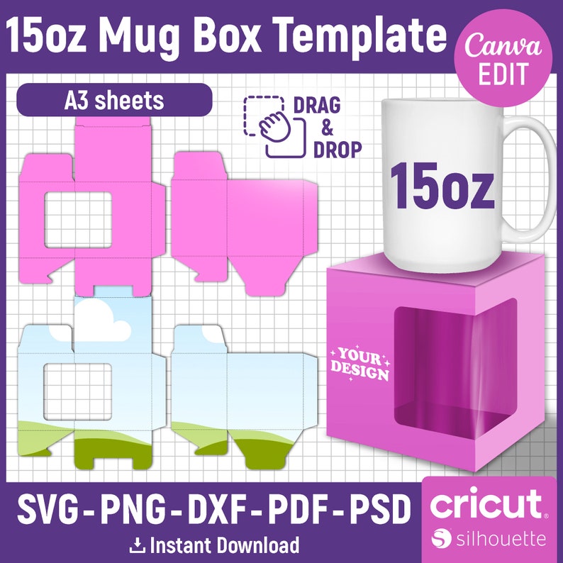 May include: A pink 15oz mug box template with a window to display the mug. The template is designed for use with Cricut and Silhouette cutting machines. The template includes a design for a mug box with a sky and grass design. The template is available for instant download in SVG, PNG, DXF, PDF, and PSD formats.