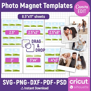 Puede incluir: Plantillas de imanes fotográficos con varios tamaños, incluidas opciones de 6,35 cm y 7,62 cm, en hojas de 21,59 cm x 27,94 cm. Cuenta con un diseño de arrastrar y soltar. Incluye formatos de archivo SVG, PNG, DXF, PDF y PSD. Opción de edición de Canva disponible.
