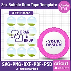 Könnte beinhalten: Eine druckbare Vorlage für 2oz Bubble Gum Tape-Etiketten. Die Vorlage enthält 9 Kreise mit einem Landschaftsdesign und dem Text "DRAG & DROP". Die Vorlage ist 8,5 Zoll mal 11 Zoll groß. Ein rosa Bubble Gum Tape-Spender mit dem Text "YOUR DESIGN" ist abgebildet.