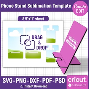 Peut inclure: Un modèle de sublimation blanc pour un support de téléphone, avec une maquette de support rose. Le modèle comprend une conception pour une feuille de 21,6 x 27,9 cm, avec les mots "Drag & Drop". Compatible avec les machines Cricut et Silhouette.