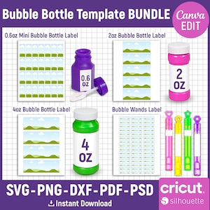 Bubble Bottle Label Template BUNDLE, 0.6 oz, 2 oz, 4 oz Bubble Bottle Label, Bubble Wands Label, Kids Party Favor, svg, png, Canva Editable