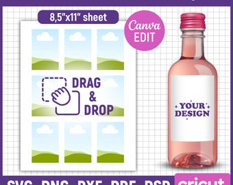 May include: A printable template for 187ml mini wine labels. The template features a design with clouds and hills, and the text "DRAG & DROP". The template is designed to be used with Canva and is compatible with Cricut and Silhouette cutting machines.