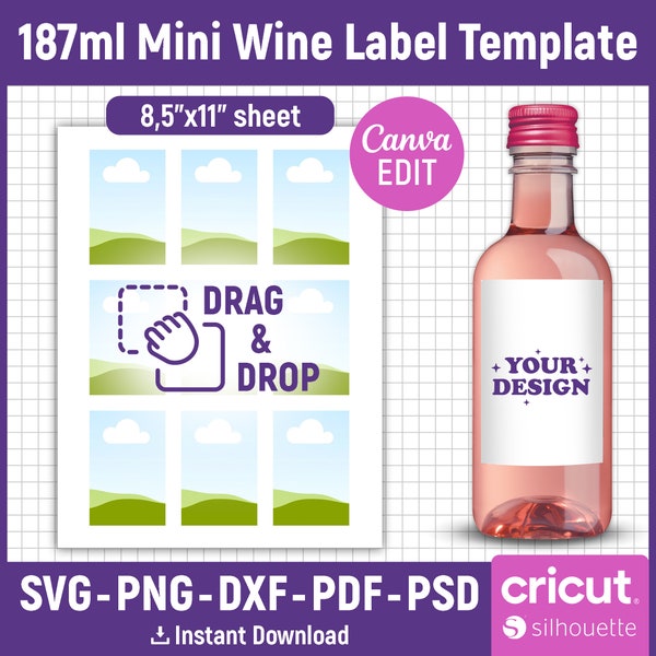 Wine Label Template, 187ml Mini Wine Label Template, Mini Wine Label Svg, Mini Wine Bottle Tag, Printable, Party Favor, png, Canva Editable