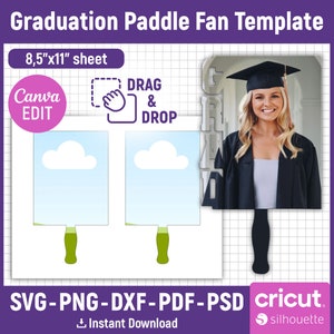 May include: A graduation paddle fan template with a photo of a graduate in a cap and gown. The design includes two paddle fan outlines with cloud graphics, the text "Graduation Paddle Fan Template", and the text "8.5"x11" sheet".