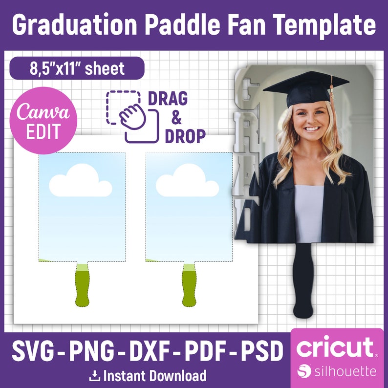 May include: A graduation paddle fan template with a photo of a graduate in a cap and gown. The design includes two paddle fan outlines with cloud graphics, the text "Graduation Paddle Fan Template", and the text "8.5"x11" sheet".