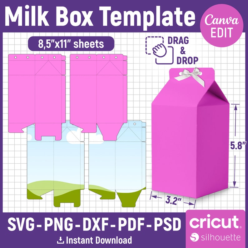 May include: Printable milk carton box template in pink with a white ribbon. The template is designed for 8.5 by 11 inch sheets of paper. The template includes instructions to drag and drop the design elements. The template is compatible with Cricut and Silhouette cutting machines.