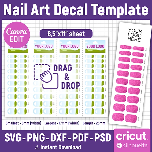 Nail Art Decal Template, Nail Blank Template, Nail Template Svg, Nail Design Template, Waterslide Nail Decals, Nail Wrap, Canva Editable