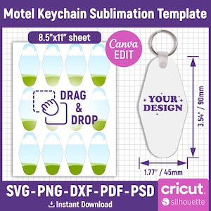 May include: Motel keychain sublimation template with a white keychain mockup. The template includes a sheet with multiple motel keychain designs, a "Drag & Drop" graphic, and the text "Your Design". The keychain is 3.54 inches / 90mm tall and 1.77 inches / 45mm wide.