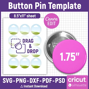 1.75&quot; Button Pin Template, Button Pin Svg, Button Pin Blank, Sublimation Button Pin Template, Badge Circle Labels, DIY, png, Canva Editable