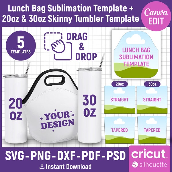 Lunch Bag Template, 20oz - 30oz Skinny Tumbler Template BUNDLE, Lunch Tote Sublimation Template, Tumbler Template Svg, png, Canva Editable