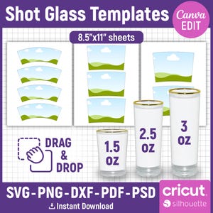 Pacchetto di modelli per bicchierini da shot, involucro per bicchierini da shot da 1,5 oz, 2,5 oz, 3 oz, SVG per bicchierini da shot, bomboniere per bicchierini da shot, sublimazione di modelli per bicchieri, modifica Canva
