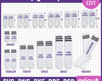 May include: Twelve sock jig templates for different sizes, including infant, toddler, youth, child, adult, and hockey. The templates are white with black stripes and the text "Your Design" is printed on them. The templates are for use with Cricut and Silhouette cutting machines.