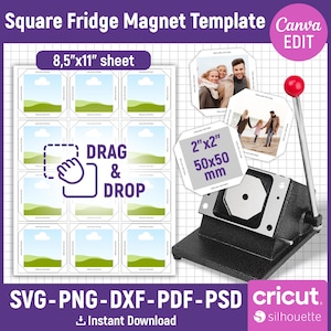 Modello per magnete da frigorifero quadrato 2x2, modello per produttore di magneti, modello per macchina per magneti, modello per magnete quadrato, modello per magnete, modificabile da Canva