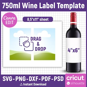 Wine Label Template, 750ml Mini Wine Label Template, Wine Label Svg, Wine Bottle Tag, Custom Label, Printable, Party Favor, Canva Editable