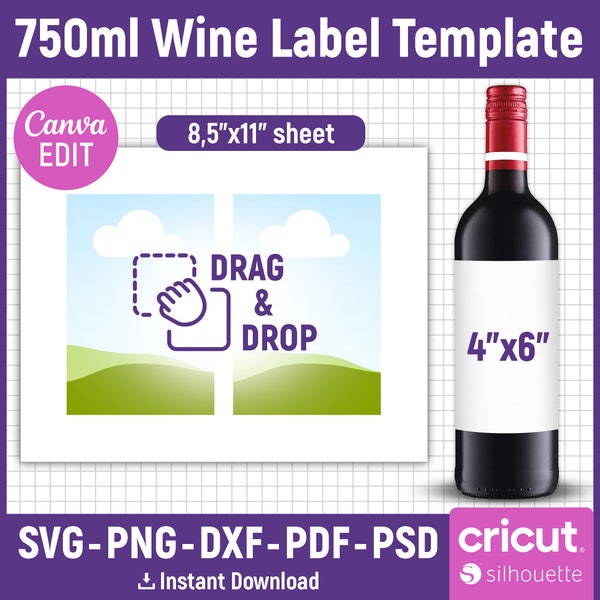 Wine Label Template, 750ml Mini Wine Label Template, Wine Label Svg, Wine Bottle Tag, Custom Label, Printable, Party Favor, Canva Editable