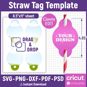 Straw Tag Template, Straw Tag Svg, Straw Tag Blank Template, Custom Straw Tag, Straw Name Tag, Party Template, Party Favor, Canva Editable