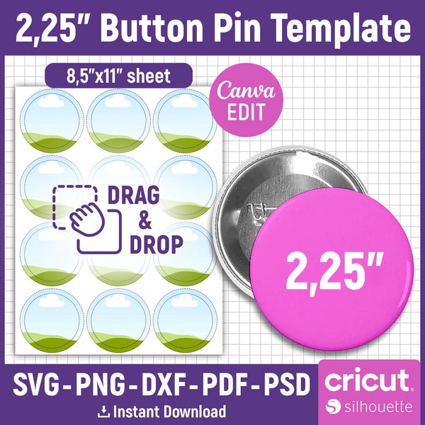 2.25" Button Pin Template, Button Pin Svg, Button Pin Blank, Sublimation Button Pin Template, Badge Circle Labels, png, Canva Editable